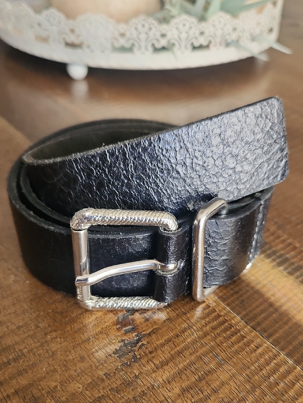 Vintage DIESEL Black Leather Men's Belt with Silver Buckles Sz 85/34